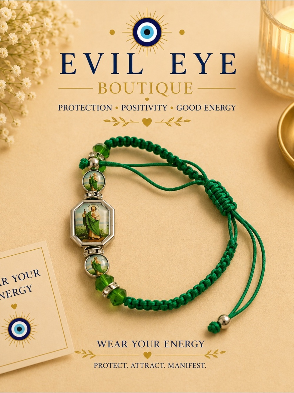 ✝️Green Adjustable Spiritual Charm Bracelet St Jude (San Judas)✝️